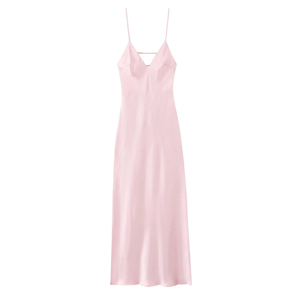 TRAFZA Women Elegant Sleeveless Backless V-Neck Rear Zipper Sexy Midi Dress Woman Summer Solid Slim Beach Party Sling Dress