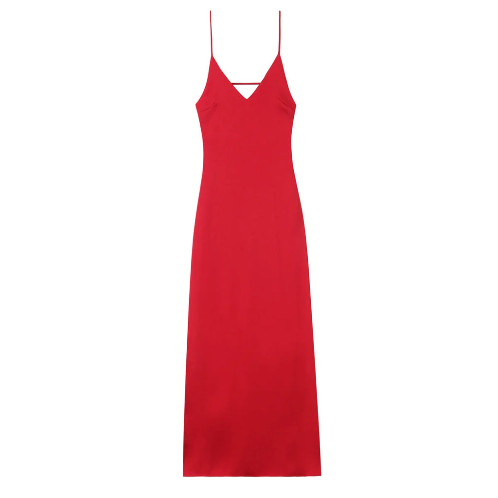 TRAFZA Women Elegant Sleeveless Backless V-Neck Rear Zipper Sexy Midi Dress Woman Summer Solid Slim Beach Party Sling Dress