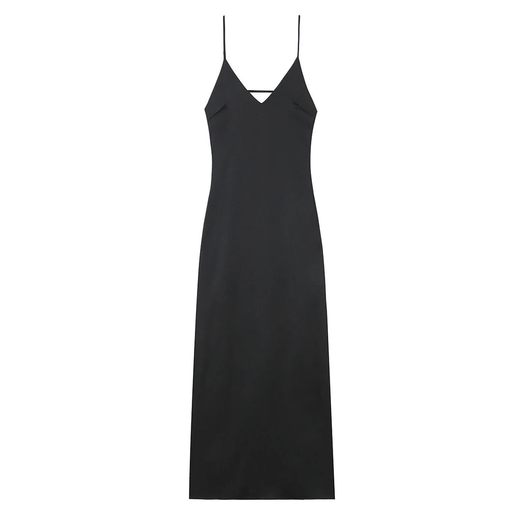 TRAFZA Women Elegant Sleeveless Backless V-Neck Rear Zipper Sexy Midi Dress Woman Summer Solid Slim Beach Party Sling Dress