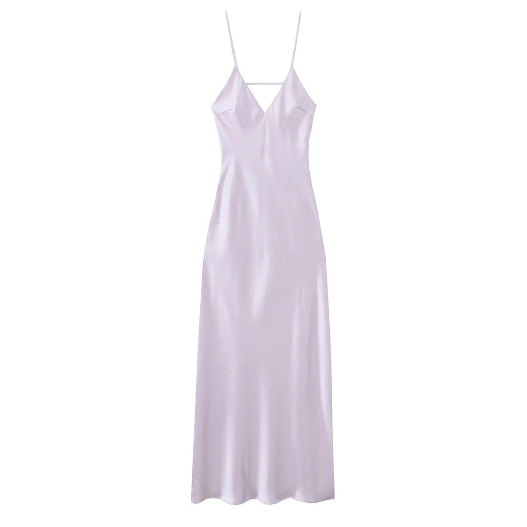 TRAFZA Women Elegant Sleeveless Backless V-Neck Rear Zipper Sexy Midi Dress Woman Summer Solid Slim Beach Party Sling Dress