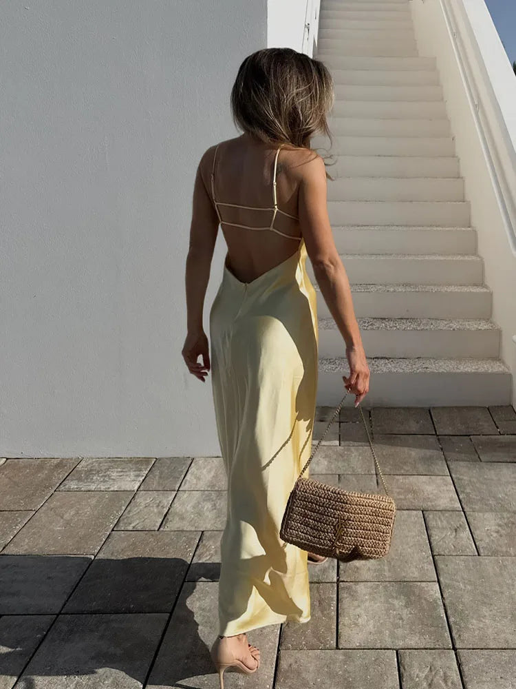 TRAFZA Women Elegant Sleeveless Backless V-Neck Rear Zipper Sexy Midi Dress Woman Summer Solid Slim Beach Party Sling Dress